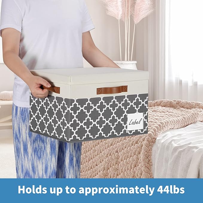 GhvyenntteS Large Fabric Storage Bins with Lids (6 Pack), Foldable Decorative Storage Boxes with Lids and 3 Handles, Sturdy Storage Baskets with Label Window for Home Office (White&Lattice Grey)