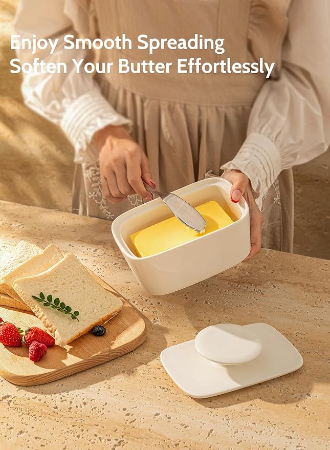 Sweese Extra Large Butter Dish with Lid, 6.2" Porcelain Butter Keeper Container - Perfect for East/West Coast Butter and Kerrygold Butter, Butter Crock with Lid, Gift - White