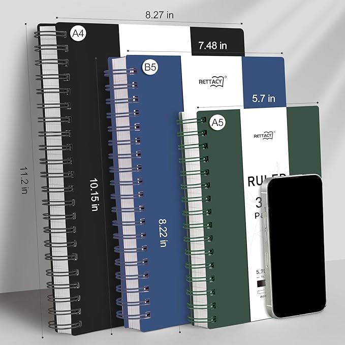 RETTACY Spiral College Ruled Notebook, 300 Pages, A4 Large Size (8.2" x 11.2"), for School, Work, Writing, Journaling, 100 GSM Thick Paper, Flexible Plastic Cover (Deep Green)