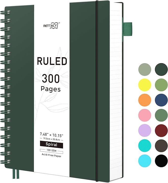 RETTACY Spiral College Ruled Notebook, 300 Pages, B5 Medium Size (7.4" x 10"), for School, Work, Writing, Journaling, 100 GSM Thick Paper, Flexible Plastic Cover (Deep Green)