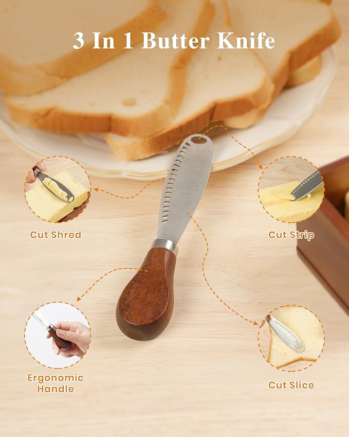 Butter Dish with Magnetic Lid, Acacia Wood Butter Keeper With Knife, Detachable Butter Container With Cover For Countertop Refrigerator
