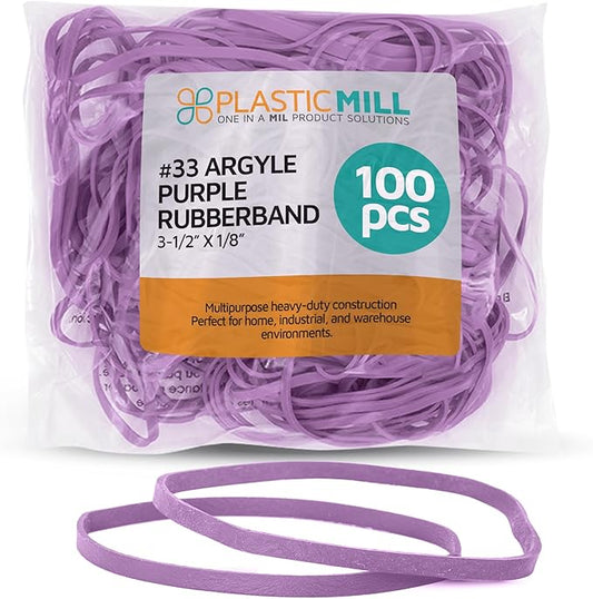 PlasticMill Argyle Purple Rubber Bands Size 33 (3 1/2" x 1/8") - #33 Colored Rubber Bands Office Supplies - Strong, Elastic Bands for Crafts, Balloon Garland, Cash, File Folders (100-Pack)