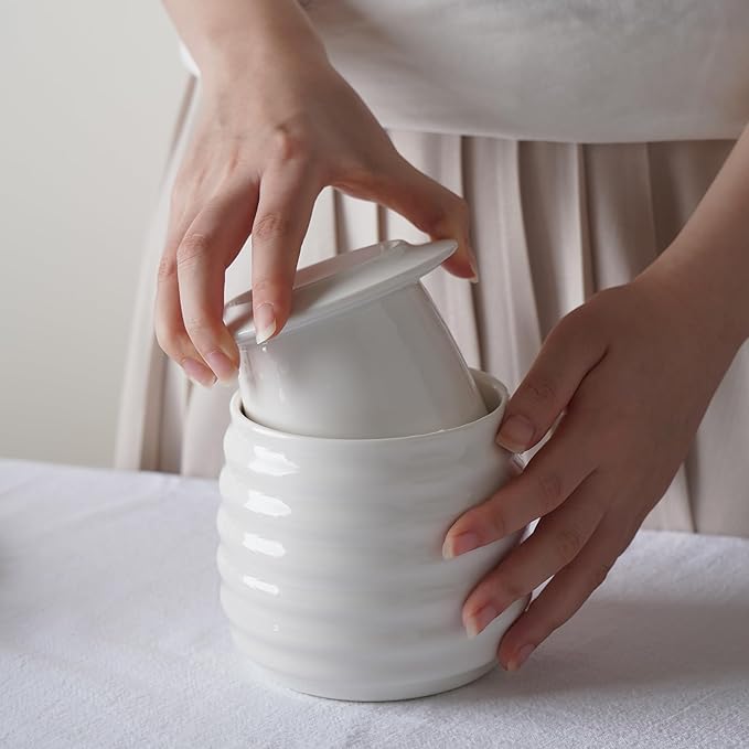 Butter Keeper Crock, 11 oz Large Ceramic Butter Dish with Lid, Holds 2-3 Sticks, Water Seal for Fresh Spreadable Butter, Easy-Grip Design & Wide Stable Lid, Arctic White