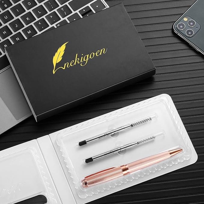 Ballpoint Pen with Gift Box for Men Women,Luxury Stainless Steel Retractable Pen Executive Home Office Use, and 2 Extra Refills Black Ink 1.0mm B2 (rose gold)