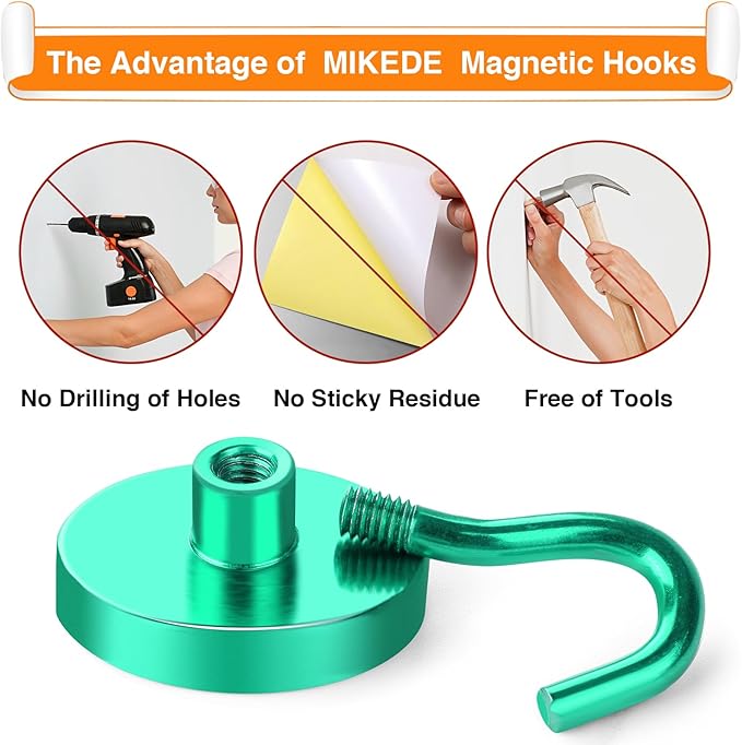 MIKEDE Strong Magnetic Hooks, 120Lbs Heavy Duty Magnetic Hooks for Cruise, Neodymium Earth Magnets with Hooks for Hanging, Super Metal Industrial Magnets for Grill, Storage (Green,10 Pack)