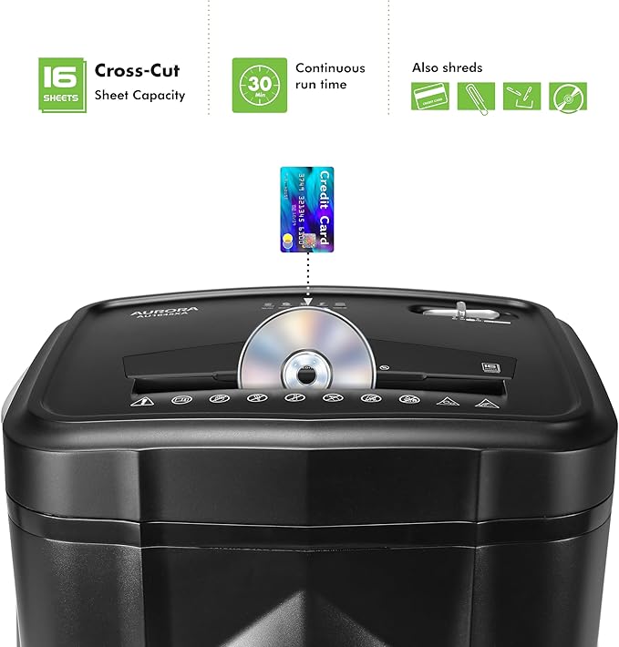 Aurora AU1645XA 16-Sheet Cross-Cut Paper and CD/Credit Card Shredder/5-Gallon Pullout Basket/ 30 Minutes Run Time