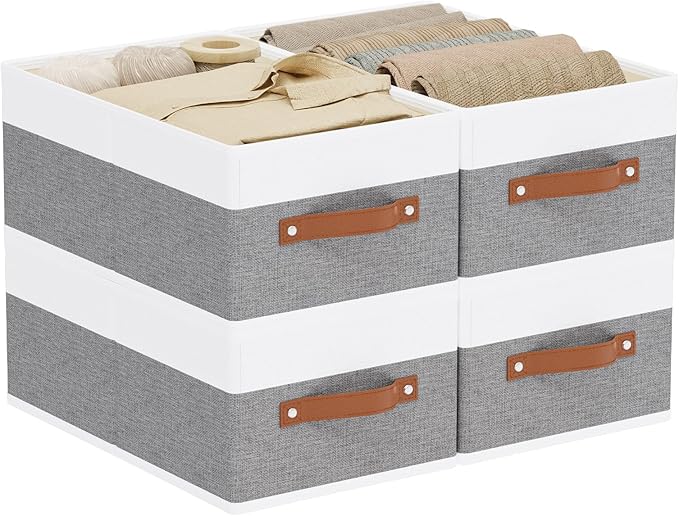 Storage Boxes, 16.1 × 9.8 × 6.5 Inch Storage Baskets with Handles, Fabric Cube Organizer Bins for Shelves Bedroom Laundry, White and Grey, 4-Pack