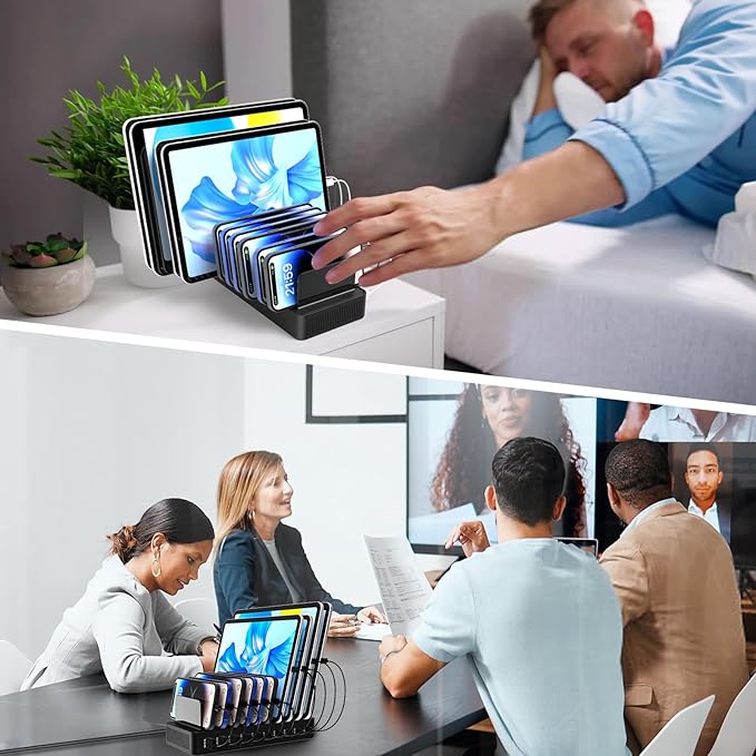 Charging Station for Multiple Devices, 100W 10 Ports Charging Dock with 10 Cables Smart IC Tech and Adjustable Dividers Type-C，Multi USB Charger for iPhone Galaxy iPad Tablet，Black