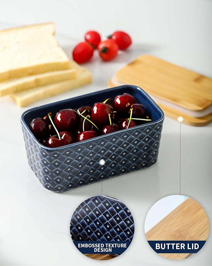 Hasense Ceramic Butter Dish with Lid, Large Butter Container for Countertop Airtight Butter Stick Covered Keeper,Navy Blue Embossed Pattern,Easy Clean Dishwasher Safe