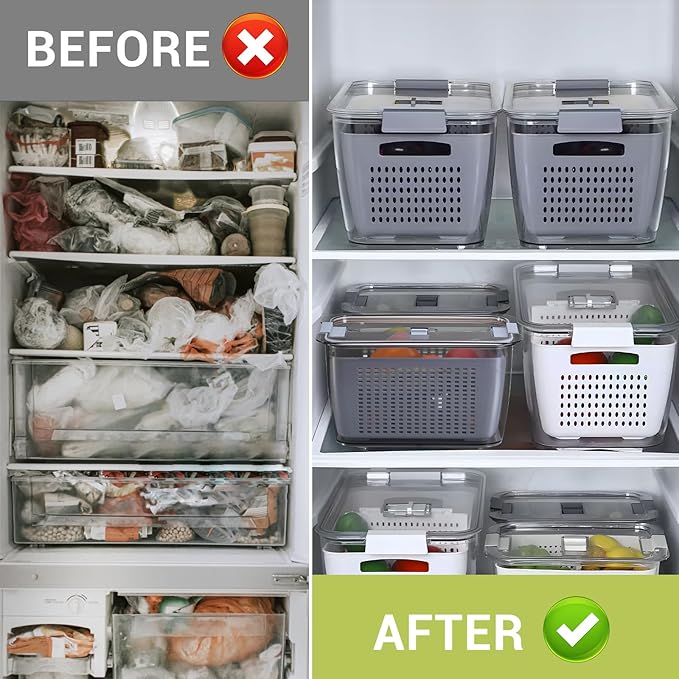 Fresh Fruit Vegetable Storage Containers, 3 Pack Produce Saver Container for Fridge with Lids &Removable Colander BPA-Free Refrigerator organizer for Fruit, Veggie Berry, Meat Keep Fresh Longer- Grey