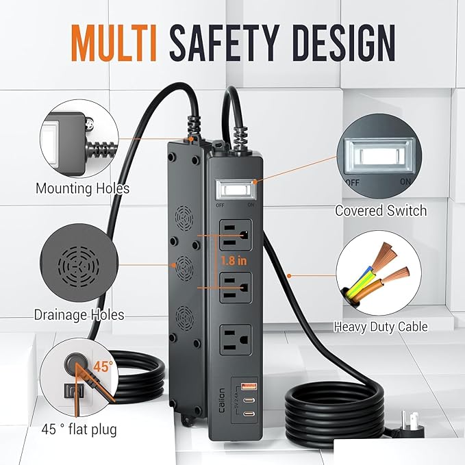 IPX6 Outdoor Power Strip Weatherproof, Waterproof Surge Protector with 3 Wide Outlet with 1A2C USB Ports, 10FT Long Extension Cord, Wall Mountable for Outside Decorations and More UL Listed(Black)