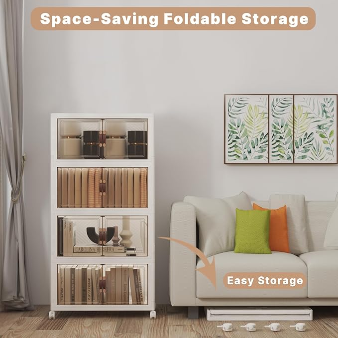 Extra Large Stackable Storage Bins with Lids & Wheels, Foldable Collapsible Closet Organizers Storage Cabinet with Doors for Bedroom Dorm (White, 220QT-55QT/14GAL*4Pack)