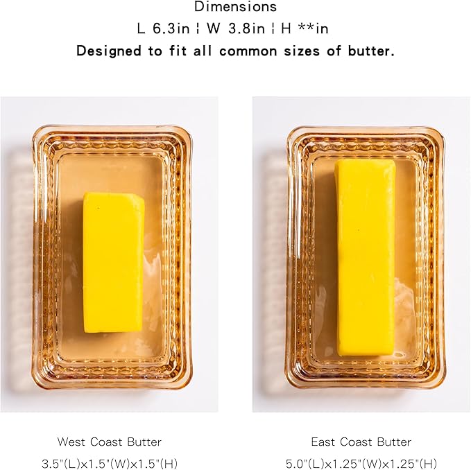 Glass Butter Dish with Lid for Countertop, Champagne Color Striped Crystal Covered Butter Holder Tray Container