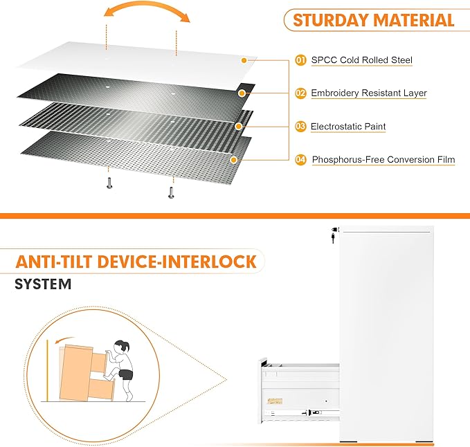 INTERGREAT 3 Drawers File Cabinet with Lock, 18" D Metal White Vertical Filing Cabinet for Hanging Folders, Easy Assemble