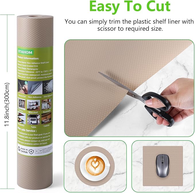 Beige Shelf Liners for Kitchen Cabinets Non Adhesive Drawer Liner for Bathroom Waterproof Refrigerator Liners for Shelves Fridge Plastic Mats Cabinet Cupboard Liner 23.6 x 157.4 Inches