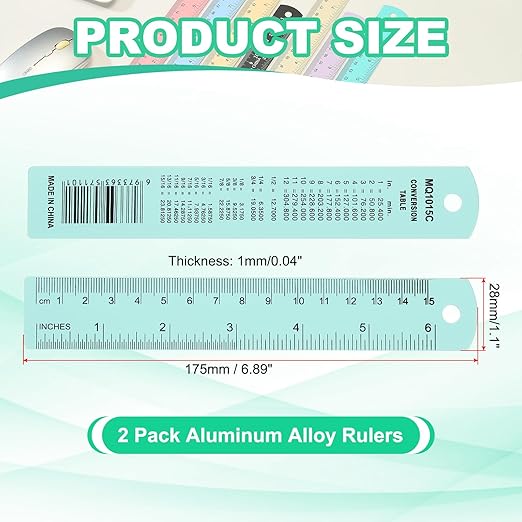 PATIKIL 15cm/6" Metal Ruler, 2 Pack Aluminum Alloy Rulers with Centimeters, Millimeters, Inches and Conversion Table Straight Edge Ruler for Writing Machinist Drafting, Blue Green
