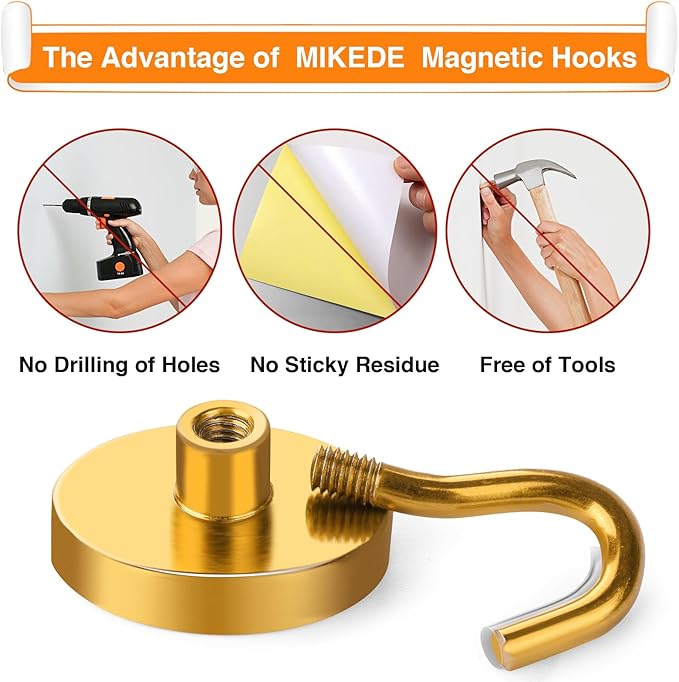 MIKEDE Strong Magnetic Hooks, 120Lbs Heavy Duty Magnetic Hooks for Cruise, Neodymium Earth Magnets with Hooks for Hanging, Super Metal Industrial Magnets for Grill, Storage (Yellow,10 Pack)