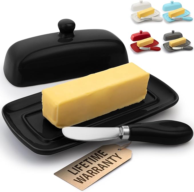 Zulay Kitchen Butter Dish With Lid For Countertop - Porcelain White, Ceramic Butter Dish with Knob Handle Great for Cooking - Elegant Design Butter Holder - Durable & Sturdy Butter Keeper - Black