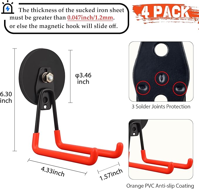 ULIBERMAGNET Strong Magnetic Hooks,Large Magnet with Hooks for Heavy Duty Tools,Jig Saw,Hose, 4 Pack Heavy Duty Magnetic Hooks for Hammer Drill,Circular Saw,Garden Tool(3.46inch/Orange)