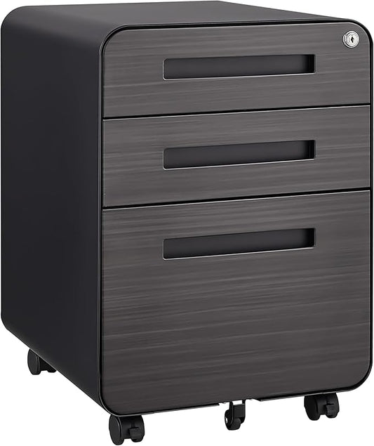 3 Drawer Mobile File Cabinet Under Desk with Lock,Metal Small Rolling Filing Cabinet Storage for Home Office,Steel Cabinets on Wheels, Fully Assembled, Gray Wood Grain
