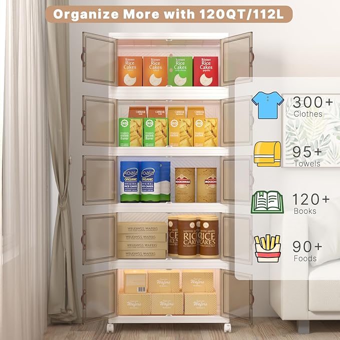 600Qt Stackable Storage Bins with Lids, 5 Pack Large Collapsible Bins with Wheels, Plastic Cabinet with Doors, Foldable Closet Organizers and Storage for Home, Dorm, Office, White