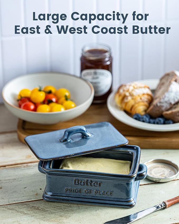 Butter Dish with Lid, Porcelain Butter Dish for Countertop Large Butter Keeper Butter Holder Container for East West Coast Butter, Farmhouse Decor for Thanksgiving Christmas, Blue