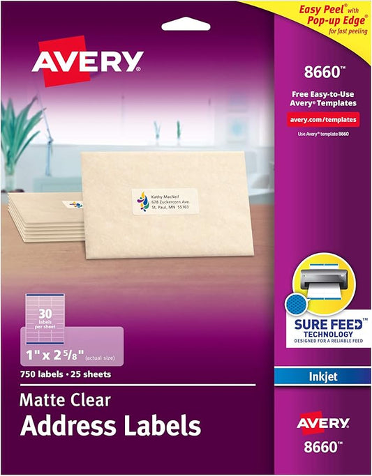 Avery Printable Address Labels with Sure Feed, 1" x 2-5/8", Matte Clear, 750 Blank Mailing Labels (08660)