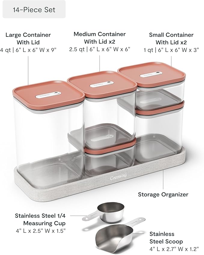 Caraway 14-Piece Glass Airtight Food Storage Containers with Lids – Non-Toxic, BPA-Free Kitchen Storage Containers – Stackable, Space-Saving Airtight Containers for Dry Goods and More - Perracotta
