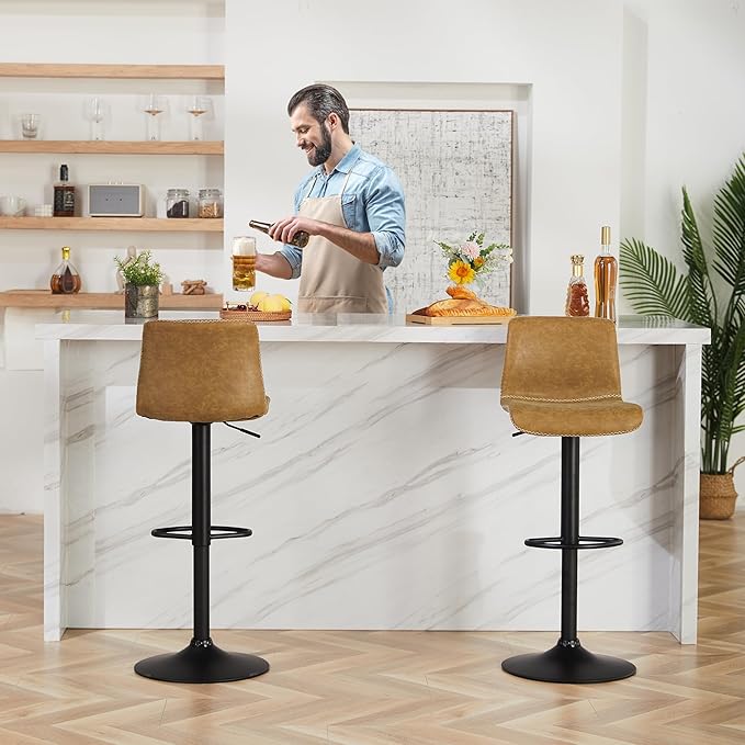 HeuGah Bar Stools Set of 3, Swivel Counter Height Barstools with Back, Adjustable Height 24" to 32", Whiskey Brown Faux Leather Bar Chairs for Kitchen Island (Whiskey Brown, Set of 3 (24'' to 32''))