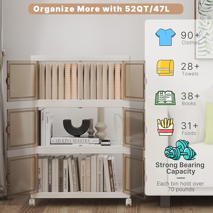 Extra Large Stackable Storage Bins with Lids & Wheels, Foldable Collapsible Closet Organizers Storage Cabinet with Doors for Bedroom Dorm (White, 165QT-55QT/14GAL*3Pack)