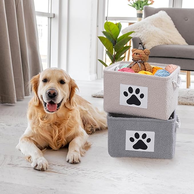 COMFY-HOMI 2Pcs Dog Toy Basket Collapsible Pet Toy Storage Organizer with Handles - Soft Polyester Fleece Fabric Bin Storage Basket for Shelves, Toys Storage and Organization 15"x10.2"x9.5"