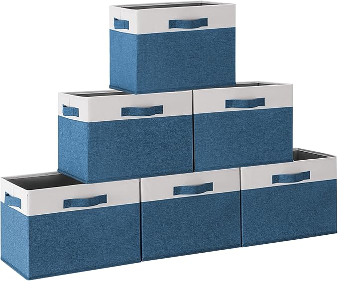 GhvyenntteS 6 Pack Fabric Storage Bins, 15x11x9.6 inch Closet Storage Bins for Shelves with 3 Handles, Foldable Storage Baskets for Shelves, Sturdy Closet Organizers and Storage Boxes, Blue