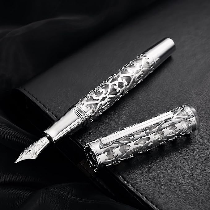 Hongdian D1 Piston Fountain Pen Fine Nib, Hollow Skeleton & Resin with Metal Case Set (Silver)