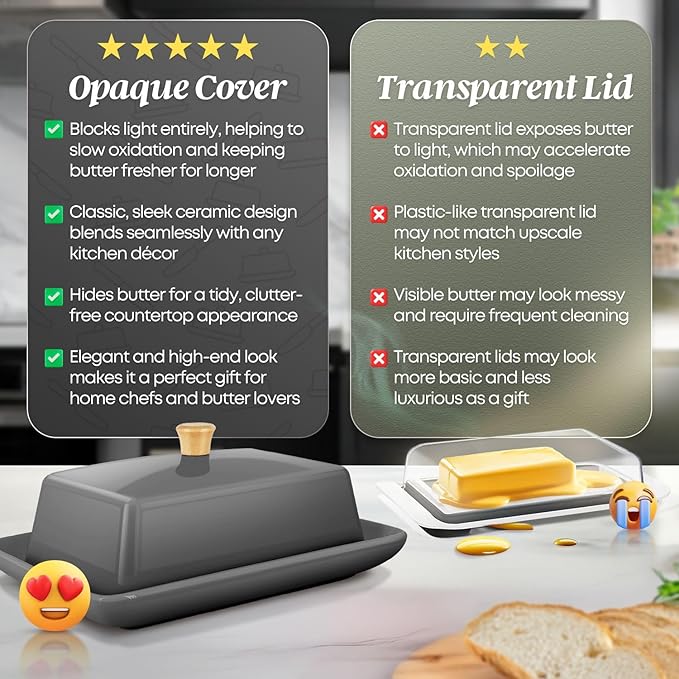 Flexzion Ceramic Gray European Butter Dish with Lid for Countertop (8 Inch) - Wide 2 Stick Double Butter Holder for Counter, Cream Cheese Container Storage Keeper