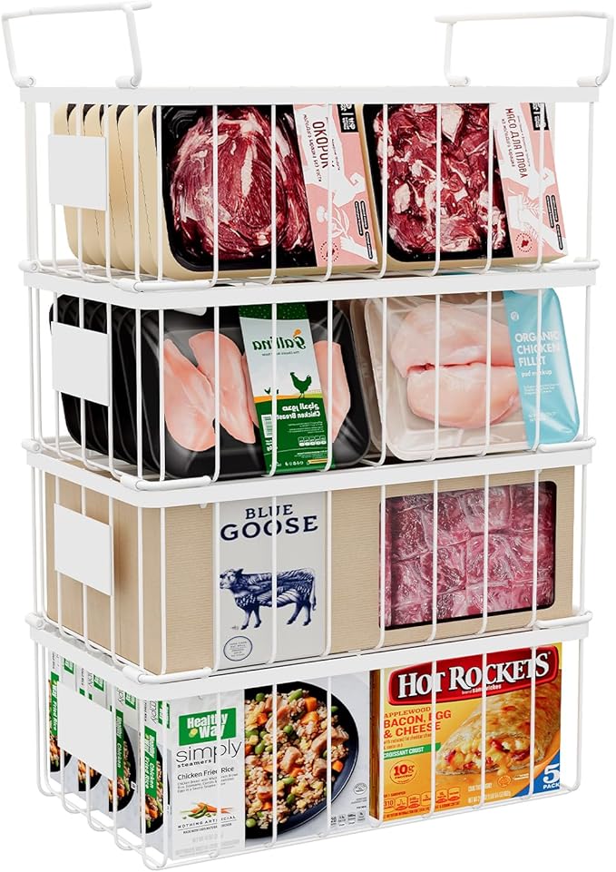 Chest Freezer Organizer Baskets With Tag, Stackable Freezer Organizer Bins for Most 7 Cu.FT Freezer Sort Frozen Meats, White, 4 Pack