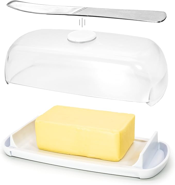 Butter Hub Extra Large Butter Dish with Lid and Knife, European Size Magnetic Butter Keeper, Easy Scoop, No Mess Lid, Plastic, Dishwasher Safe (Clear, European / 2 Sticks)