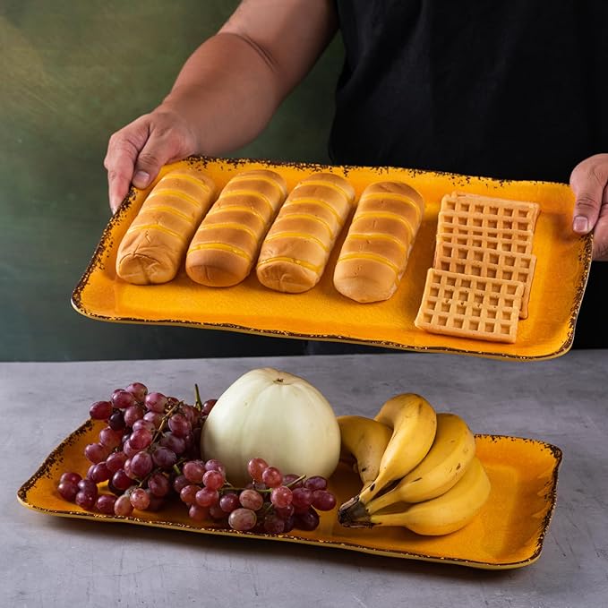 LEHAHA Melamine Farmhouse Rectangular Serving Platter Sets, 17.5" x 10" Large Serving Tray Sets,100% Melamine, Dishwasher Safe, BPA Free, Lightweight and Unbreakable,Gold