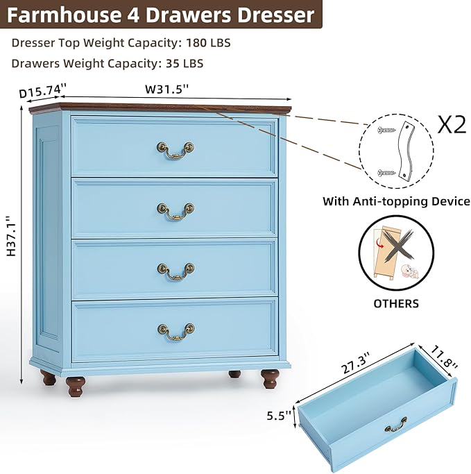Farmhouse 4 Drawer Dresser for Bedroom, 37" Tall Rustic Chests of Drawers w/ 4 Solid Wood Feet, Mid Century Modern Wooden Closet Storage Dressers Organizer for Living Room, Hallway, LightBlue