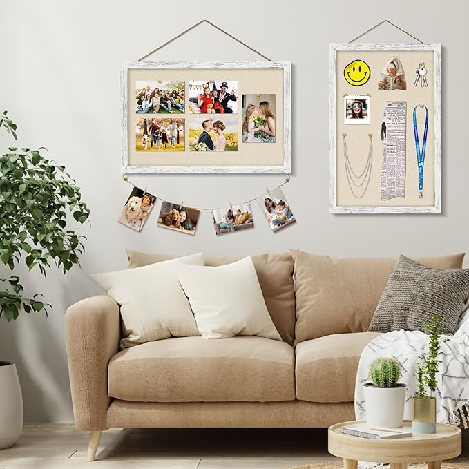 Egofine Cork Board Bulletin Board with Linen, 16x11 Wood Frame Pin Board, 2 Pack Cork Boards for Walls, Vision Board Hanging horizontal or Vertically for Office Home Decor School Kitchen, Rustic White