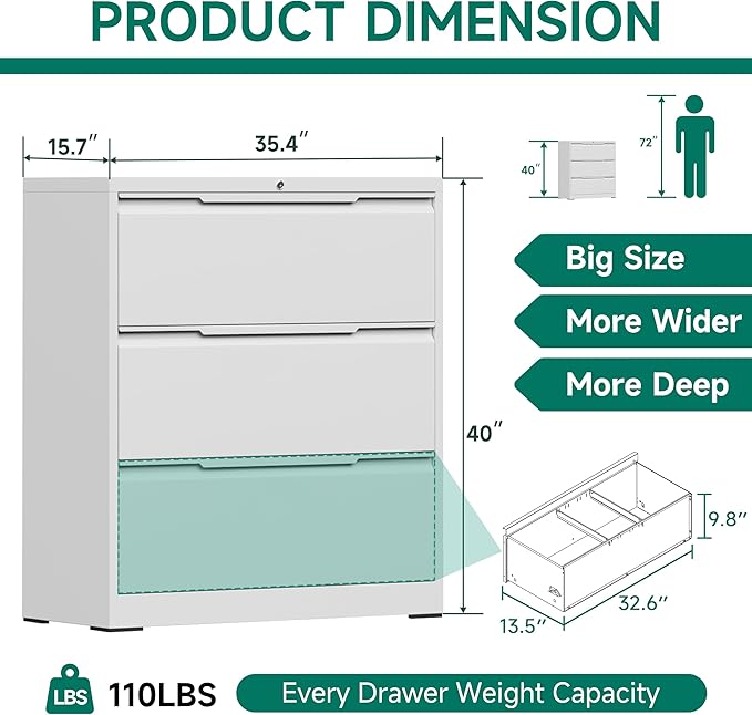 Filing Cabinet with Lock,Lateral File Cabinets 3 Drawer Metal Wide Filing Organization,Home Office School Furniture for Hanging Files Letter/Legal/F4/A4 Size - White