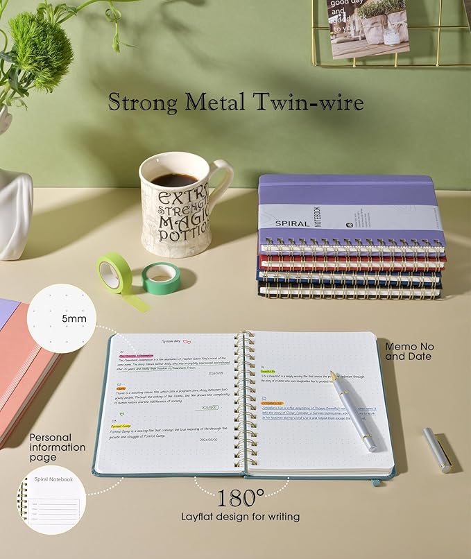 Dotted Spiral Journal Notebook, A5 Hardcover Spiral Journals for Women Men, 100 GSM Dot Grid Paper Notebooks, 150 Pages Spiral Bullet Dotted Notebook for Writing Note Taking 5.75" x 8.38", Misty Blue