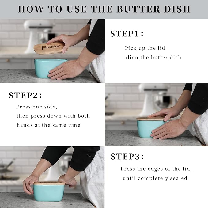 GDCZ Ceramics Butter Dish with Wooden Lid- Large Covered Butter Holder for Countertop, Butter Keeper Container Perfect for Holds 4X 4oz West/East Coast Butter,Turquoise