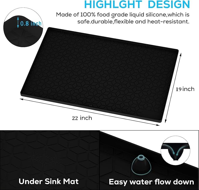 Under Sink Mat, 19"x22" Under Sink Mats for Kitchen, Silicone Waterproof Under Sink Liner, Sink Cabinet Organizer Tray with Drain Hole (Black, 19X22)
