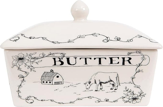 Creative Co-Op Country Stoneware Butter Dish with Lid, "Spread the Love" Message, and Farm Line Drawing, White and Black, Food, Microwave, and Dishwasher Safe