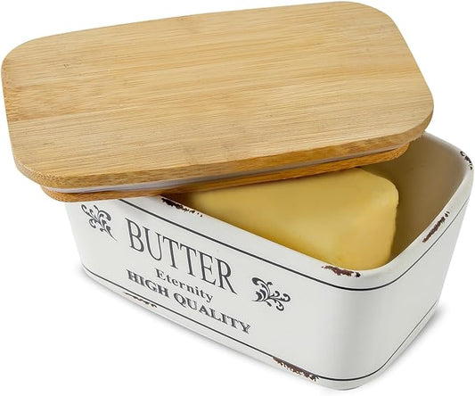 Hasense Farmhouse Butter Dish with Lid for Countertop, Vintage Butter Keeper Holder, Large Container for Fridge with Freshness Seal, Enhance Kitchen Decor, Holds Two Sticks of Butter, White