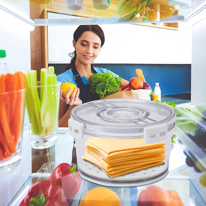 Cheese Container for Refrigerator,Cheese Keeper with Airtight Lid and Time Recording,Cream Block Shredded Cheeses Storage Box,Sliced,Grated,circle Cheddar Cheeses Box for Fridge,kitchen