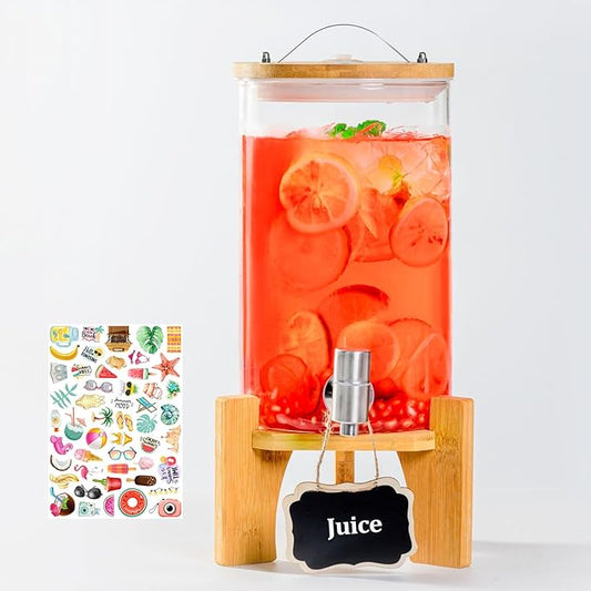 1.2 Gallon Large Glass Drink Dispenser For Parties, Beverage Dispenser with Bamboo Wood Stand and Stainless Steel Spigot, Juice, Lemonade, Water jug dispenser, Laundry Detergent Dispenser (1 PACK)