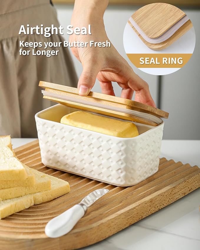 Hasense Large Butter Dish with Lid for Countertop - Farmhouse Ceramic Butter Container Holder with Cover for Fridge,Silicone Sealing,White Embossed Pattern,Holds Two Sticks of Butter