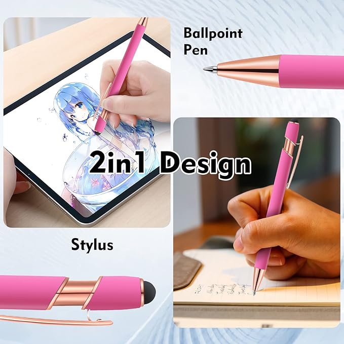 12 PCS 2 in 1 Stylus Ballpoint Pen with Stylus Tip, 1.0 mm Black Ink Metal Pen Stylus Pen for Touch Screens (Rose Gold & Pink)