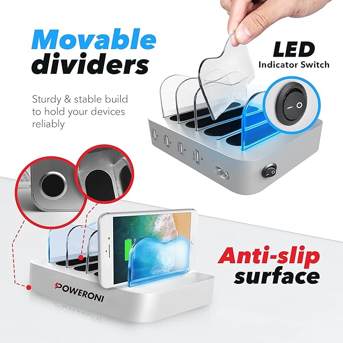 4 Port USB Charging Station - Charging Dock for Multiple Devices - Multi Device Charger Station - Compatible with Apple, iPad, iPhone, and Android - Universal Charge Rack for Phones and Tablets